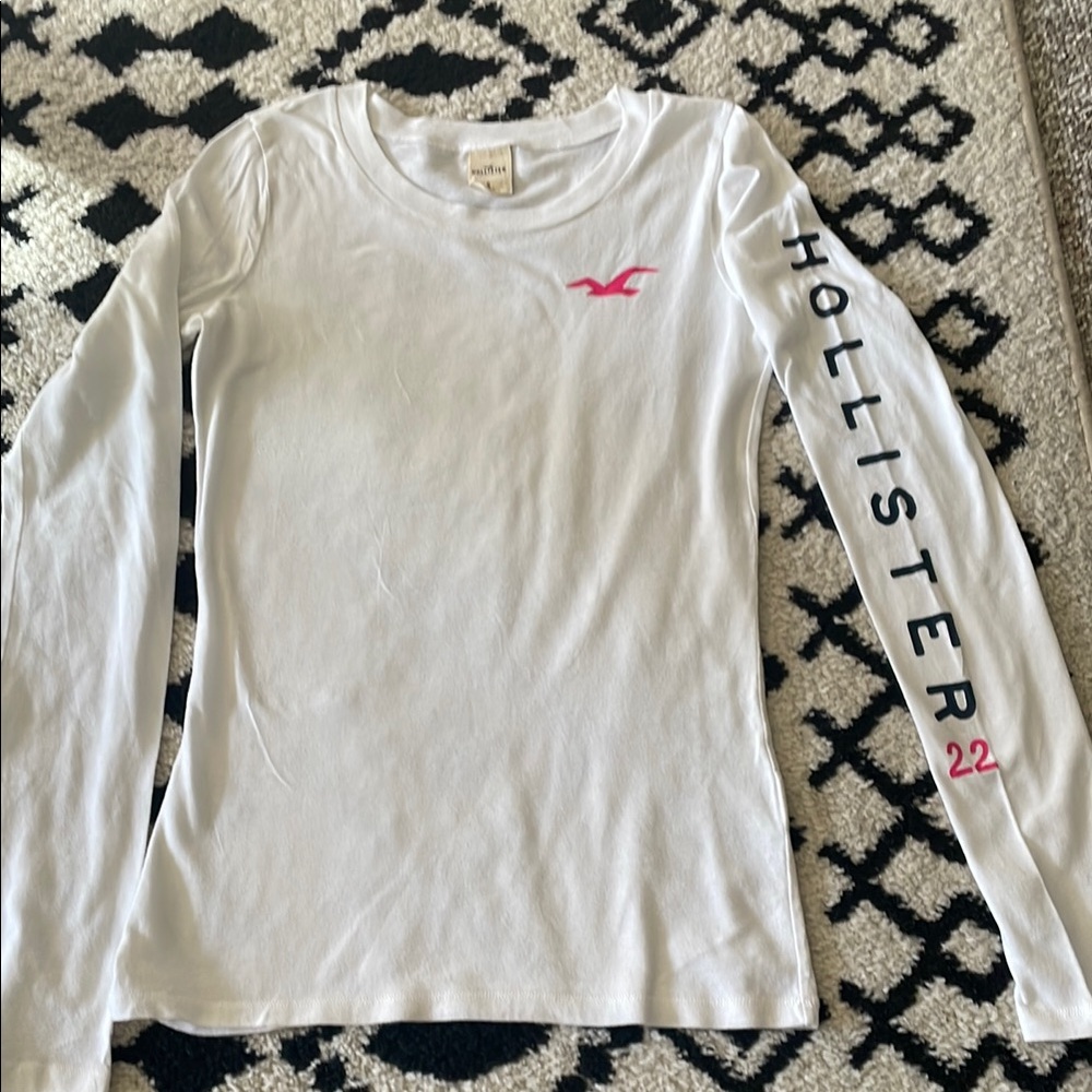 Hollister White Long Sleeve Shirt with Pink Logo